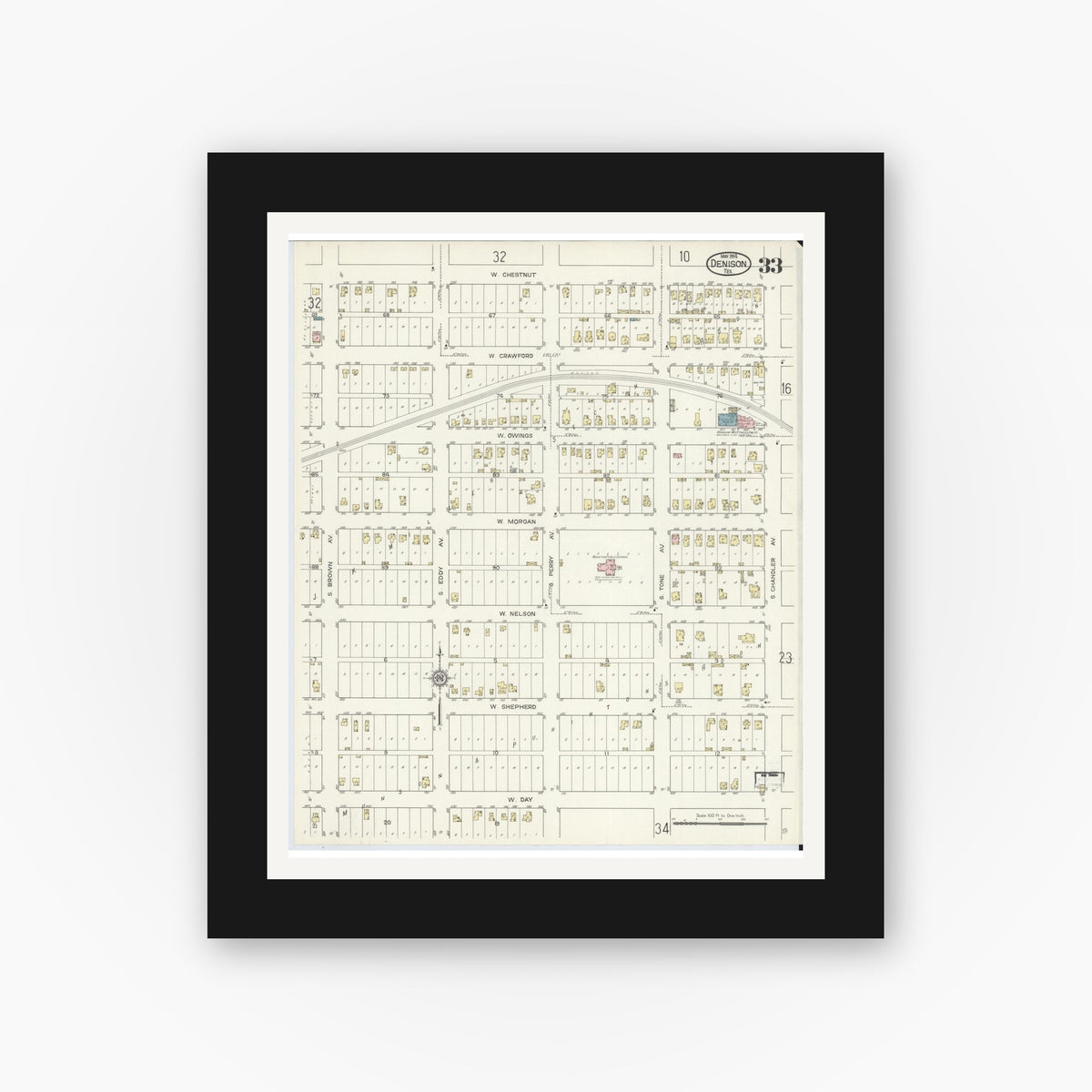 Old map wall art mockup — black gallery frame with white mat — Sanborn Fire Insurance Map from Denison, Grayson County, Texas (1914), Sheet #0033