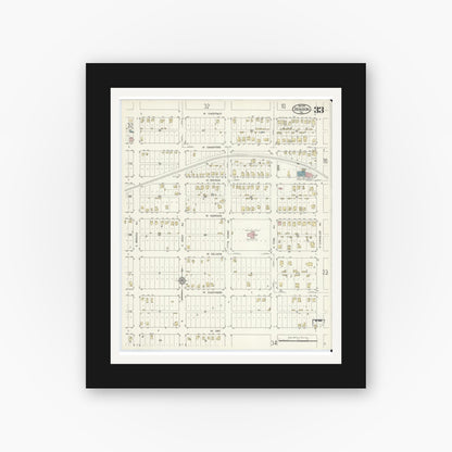 Old map wall art mockup — black gallery frame with white mat — Sanborn Fire Insurance Map from Denison, Grayson County, Texas (1914), Sheet #0033