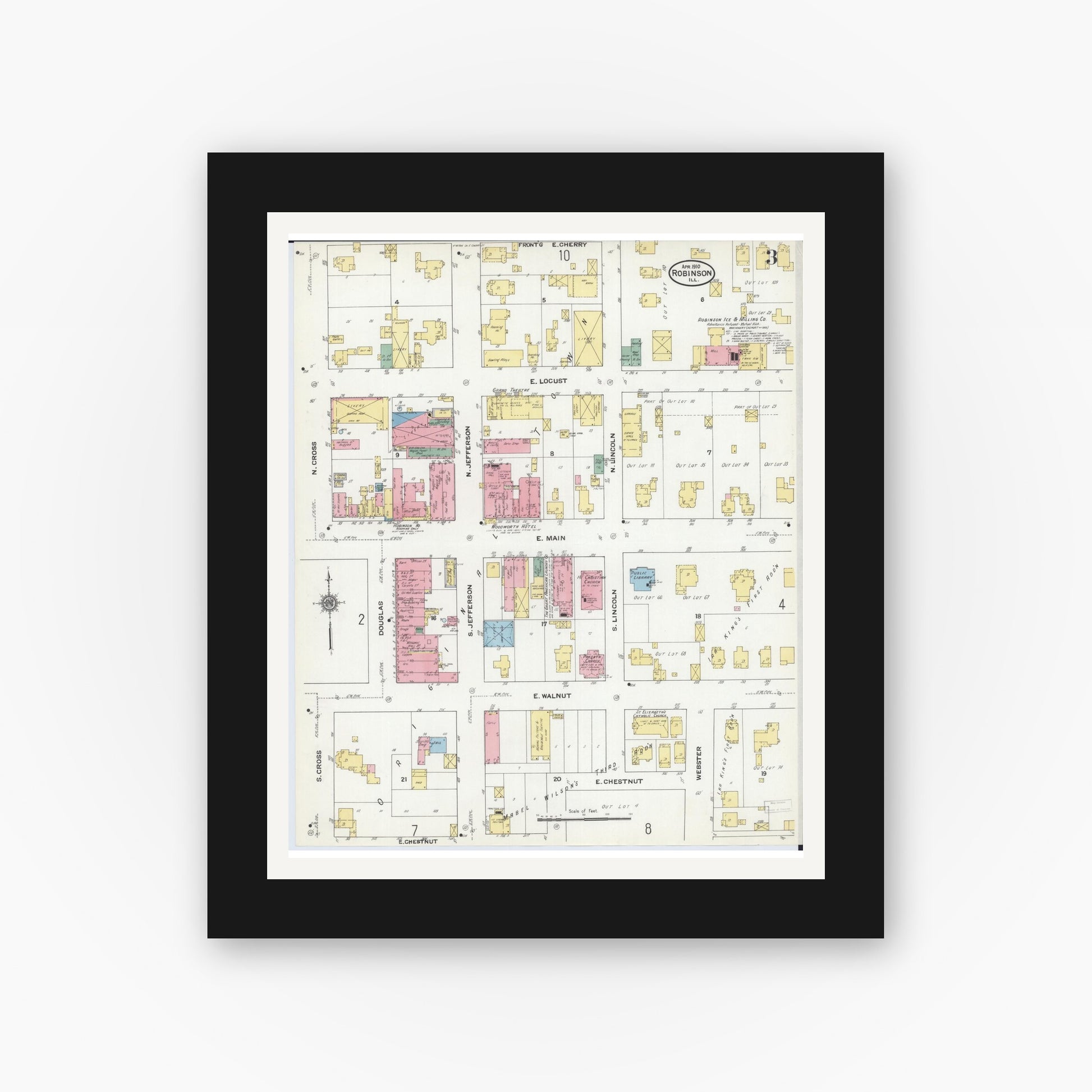 Old map wall art mockup — black gallery frame with white mat — Sanborn Fire Insurance Map from Robinson, Crawford County, Illinois (1910), Sheet #0003