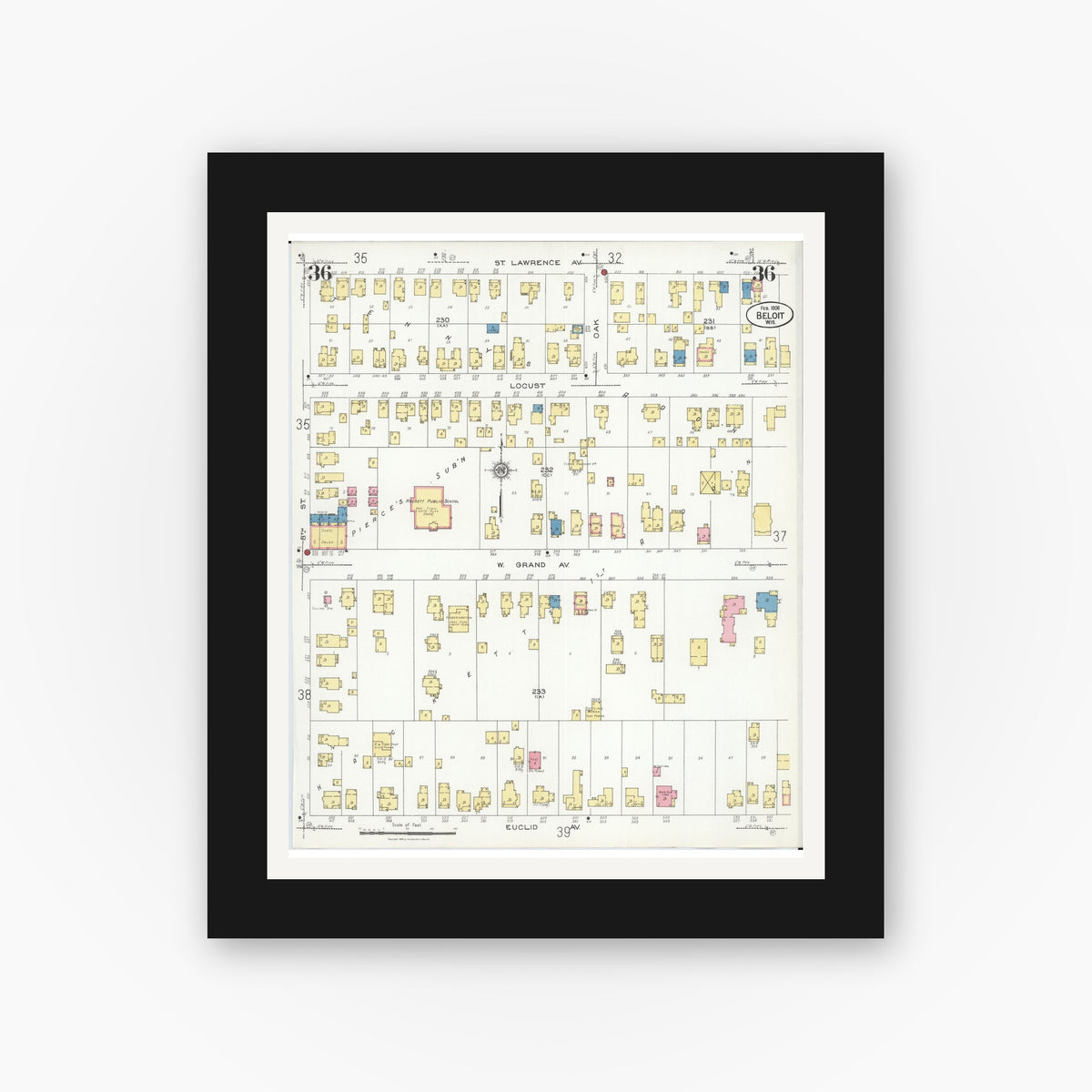 Old map wall art mockup — black gallery frame with white mat — Sanborn Fire Insurance Map from Beloit, Rock County, Wisconsin (1926), Sheet #0036