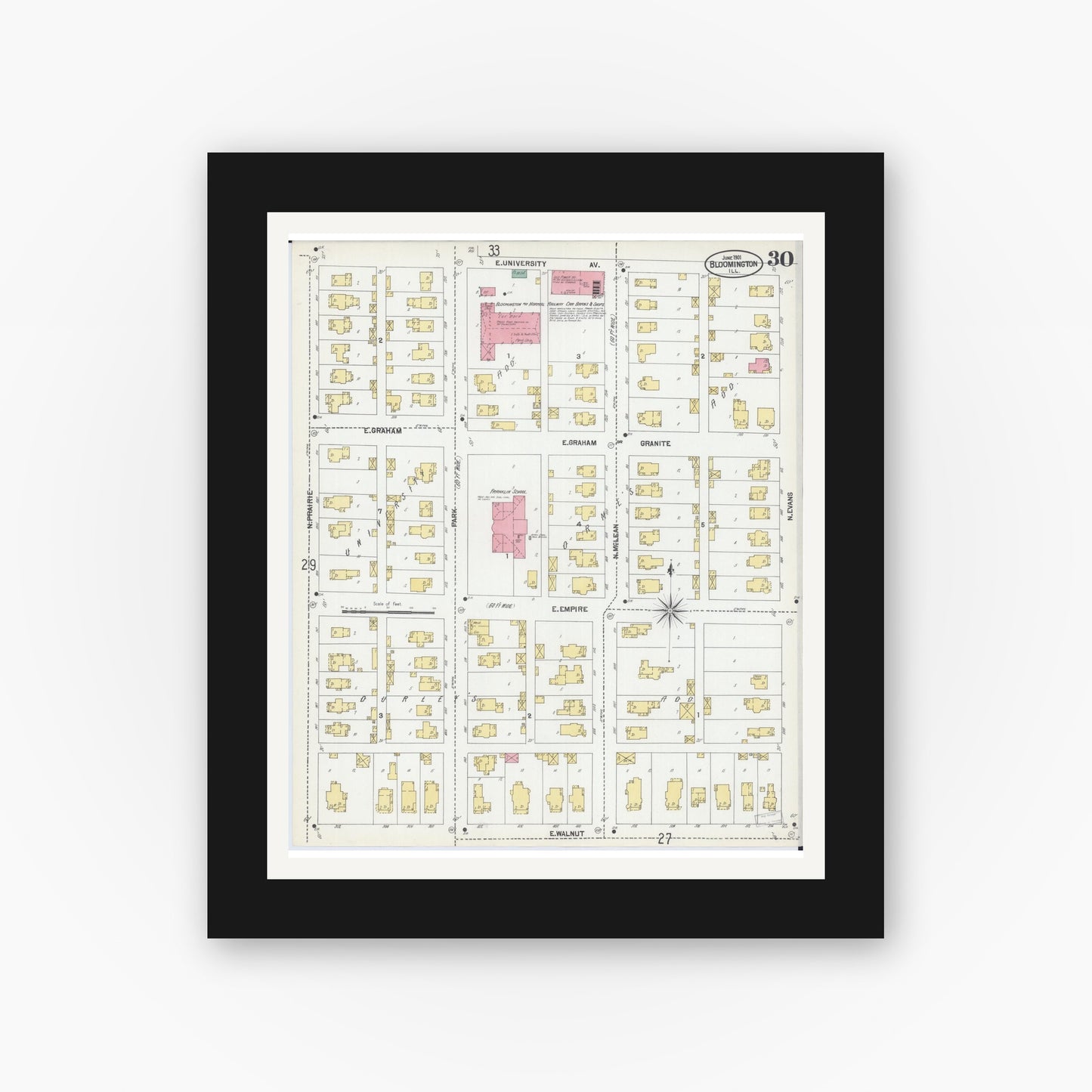 Old map wall art mockup — black gallery frame with white mat — Sanborn Fire Insurance Map from Bloomington, McLean County, Illinois (1901), Sheet #0030