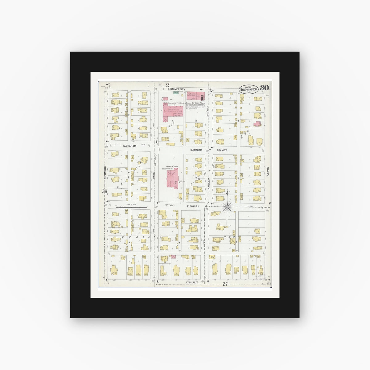 Old map wall art mockup — black gallery frame with white mat — Sanborn Fire Insurance Map from Bloomington, McLean County, Illinois (1901), Sheet #0030