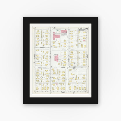 Old map wall art mockup — black gallery frame with white mat — Sanborn Fire Insurance Map from Bloomington, McLean County, Illinois (1901), Sheet #0030