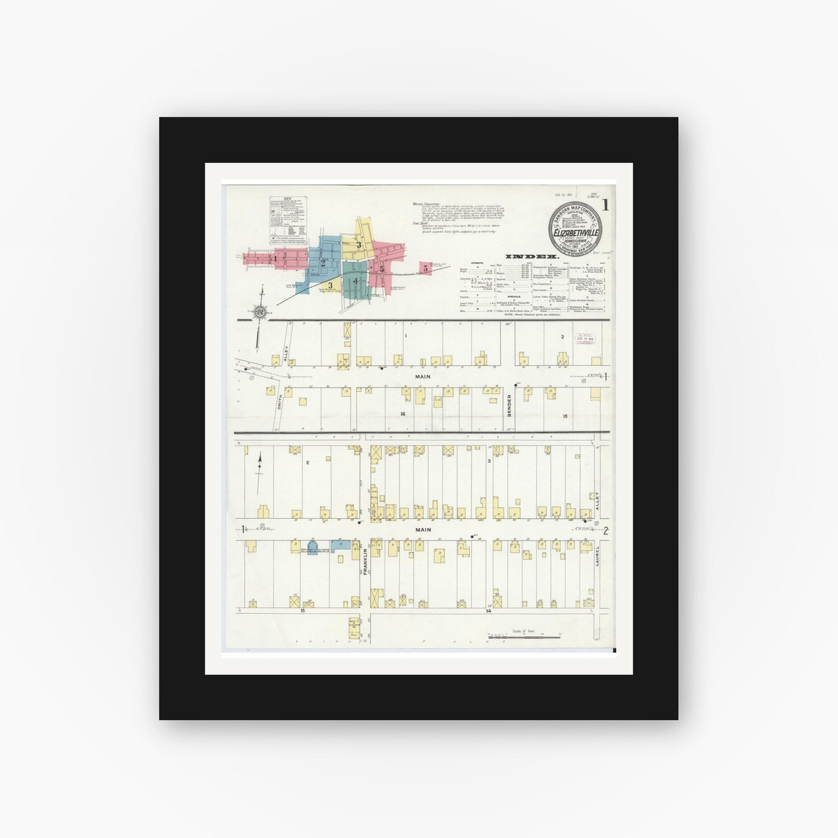 Old map wall art mockup — black gallery frame with white mat — Sanborn Fire Insurance Map from Elizabethville, Dauphin County, Pennsylvania (1911), Sheet #0001