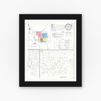 Old map wall art mockup — black gallery frame with white mat — Sanborn Fire Insurance Map from Nora Springs, Floyd County, Iowa (1942) â€” Complete Set