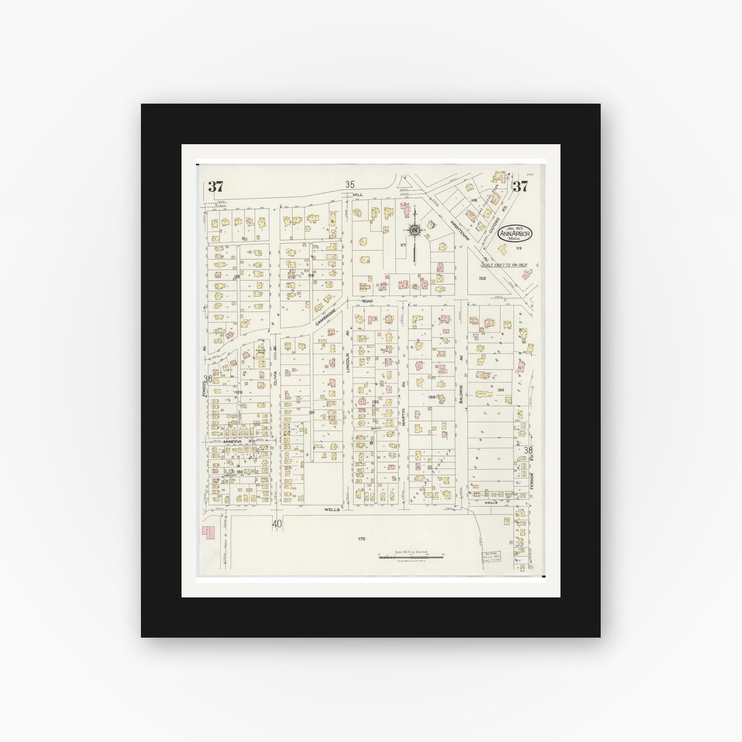Old map wall art mockup — black gallery frame with white mat — Sanborn Fire Insurance Map from Ann Arbor, Washtenaw County, Michigan (1925), Sheet #0037