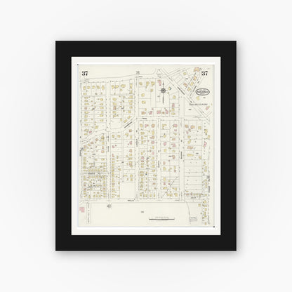Old map wall art mockup — black gallery frame with white mat — Sanborn Fire Insurance Map from Ann Arbor, Washtenaw County, Michigan (1925), Sheet #0037