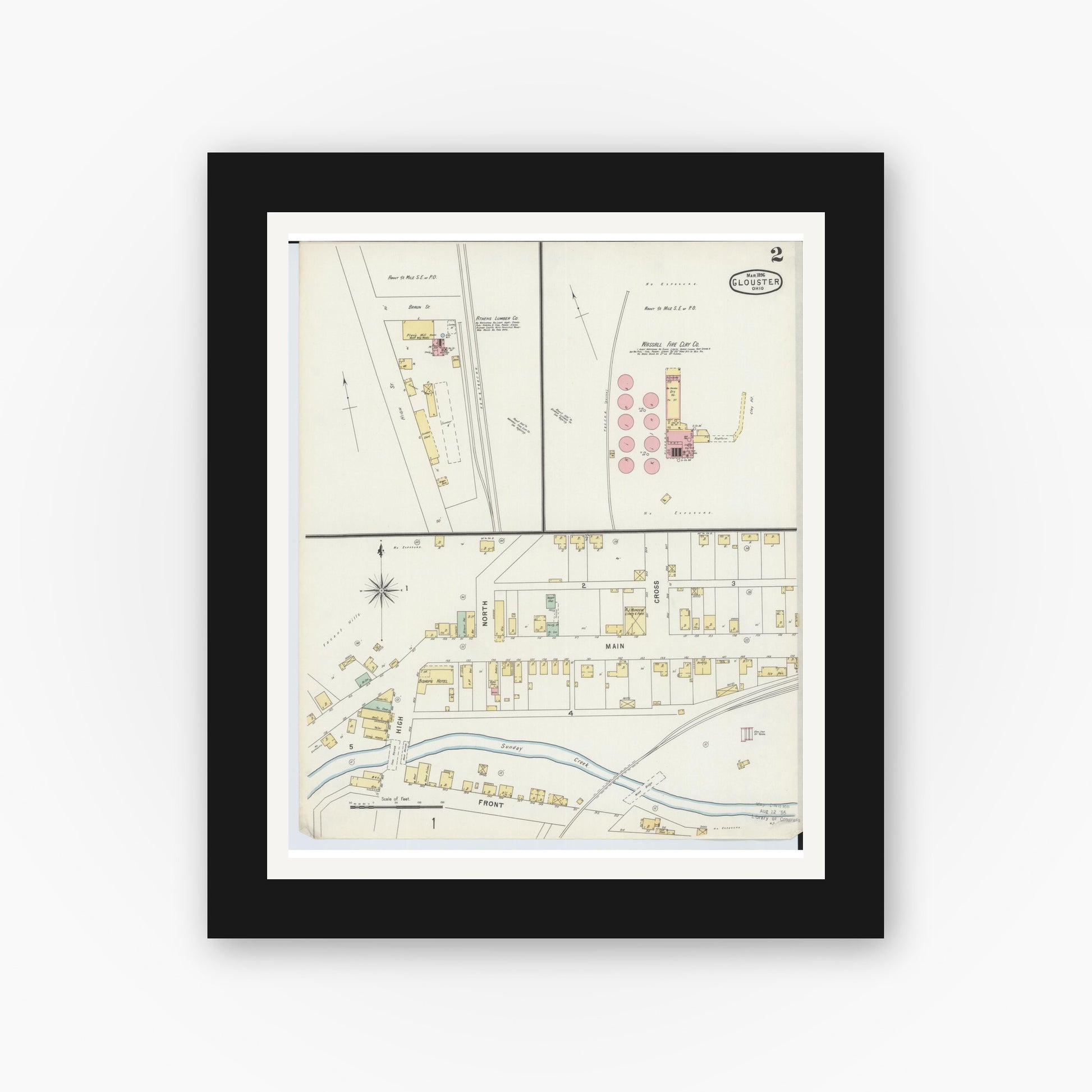 Old map wall art mockup — black gallery frame with white mat — Sanborn Fire Insurance Map from Glouster, Athens County, Ohio (1896), Sheet #0002