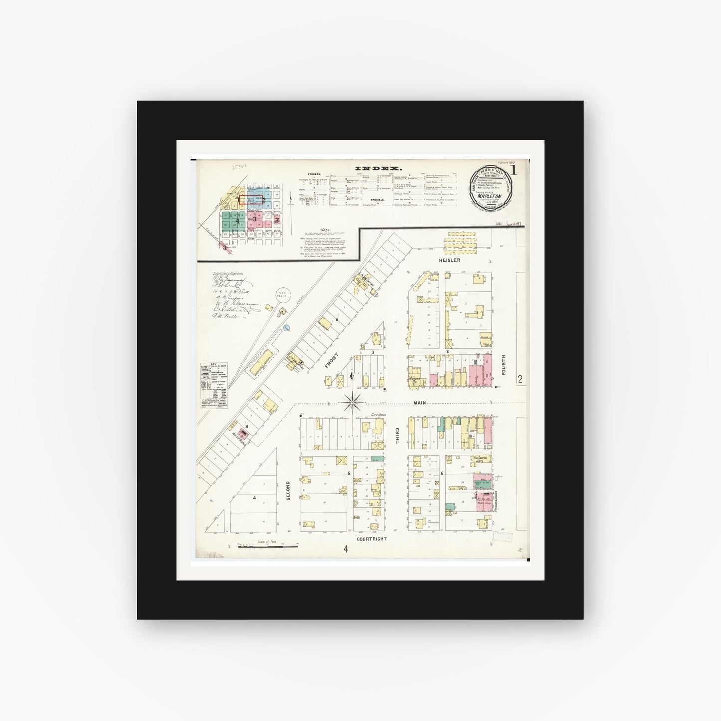 Old map wall art mockup — black gallery frame with white mat — Sanborn Fire Insurance Map from Mapleton, Monona County, Iowa (1897), Sheet #0001