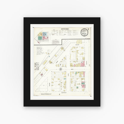 Old map wall art mockup — black gallery frame with white mat — Sanborn Fire Insurance Map from Mapleton, Monona County, Iowa (1897), Sheet #0001