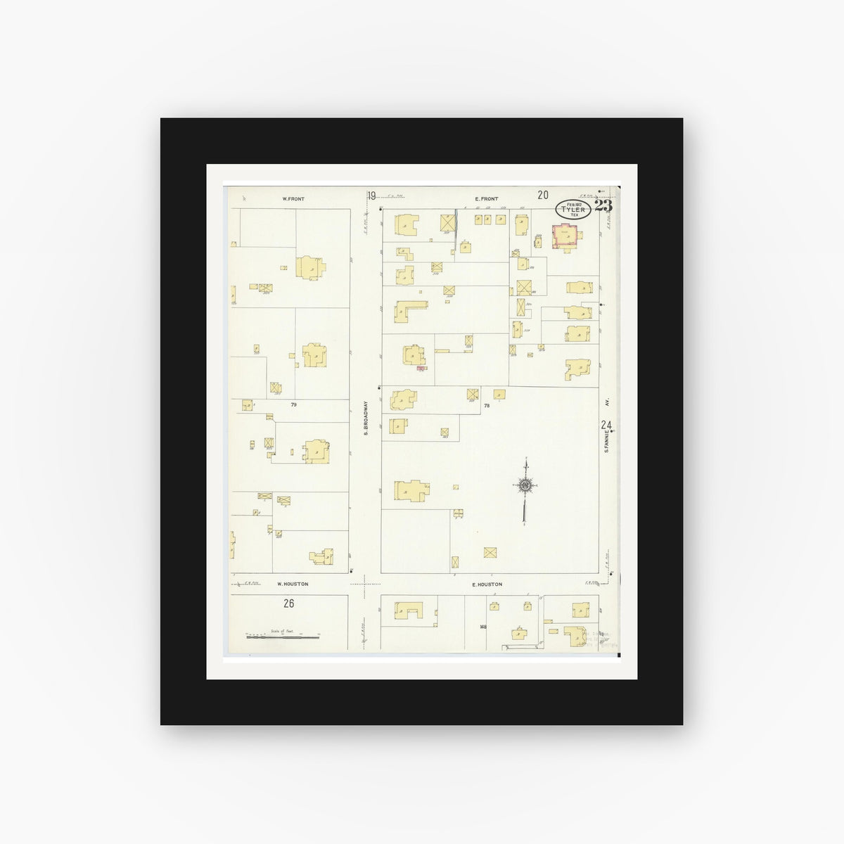Old map wall art mockup — black gallery frame with white mat — Sanborn Fire Insurance Map from Tyler, Smith County, Texas (1912), Sheet #0023