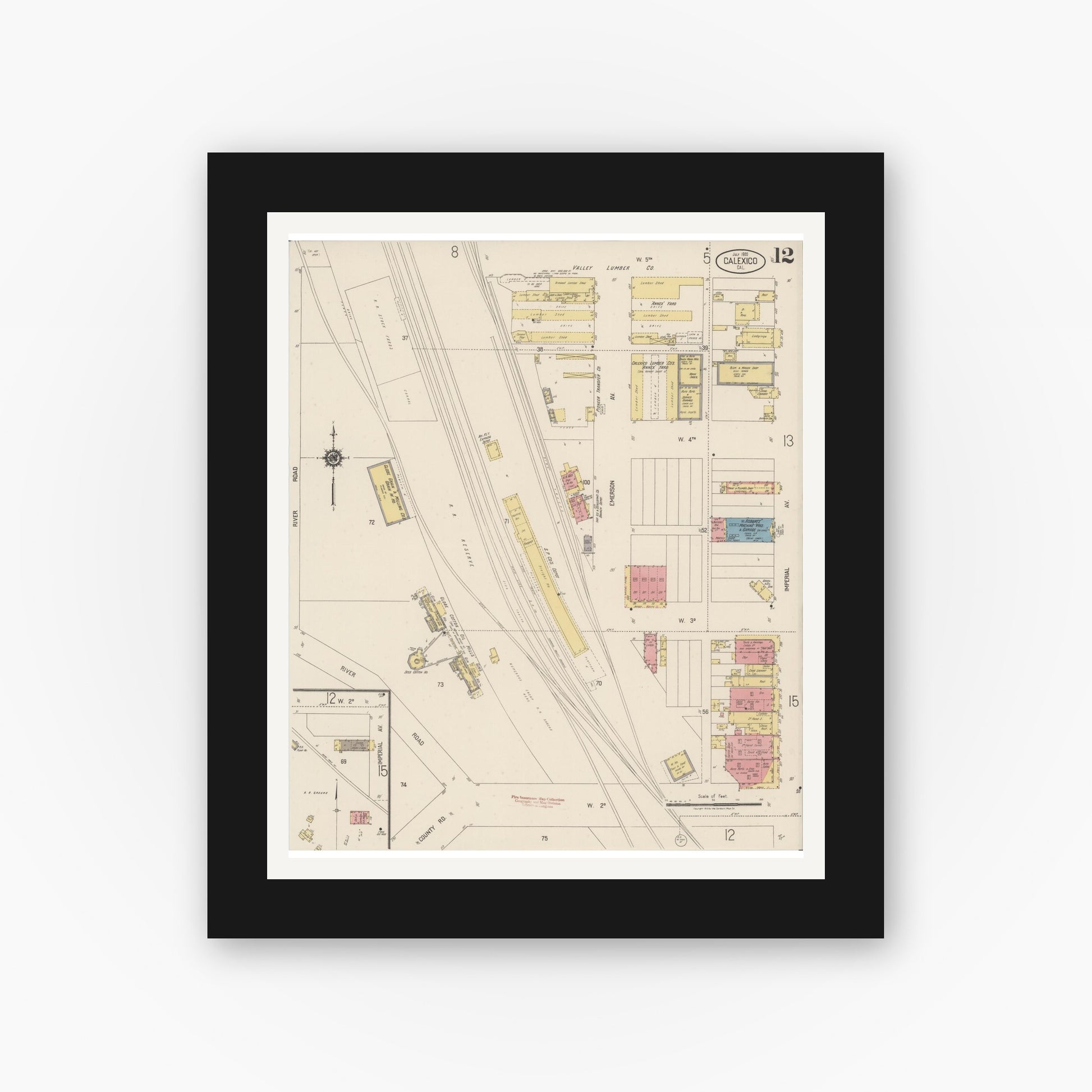 Old map wall art mockup — black gallery frame with white mat — Sanborn Fire Insurance Map from Calexico, Imperial County, California (1920), Sheet #0012