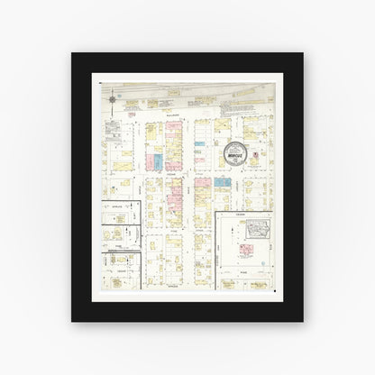 Old map wall art mockup — black gallery frame with white mat — Sanborn Fire Insurance Map from Marcus, Cherokee County, Iowa (1914), Sheet #0001
