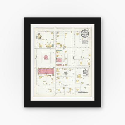 Old map wall art mockup — black gallery frame with white mat — Sanborn Fire Insurance Map from Caldwell, Burleson County, Texas (1906), Sheet #0001