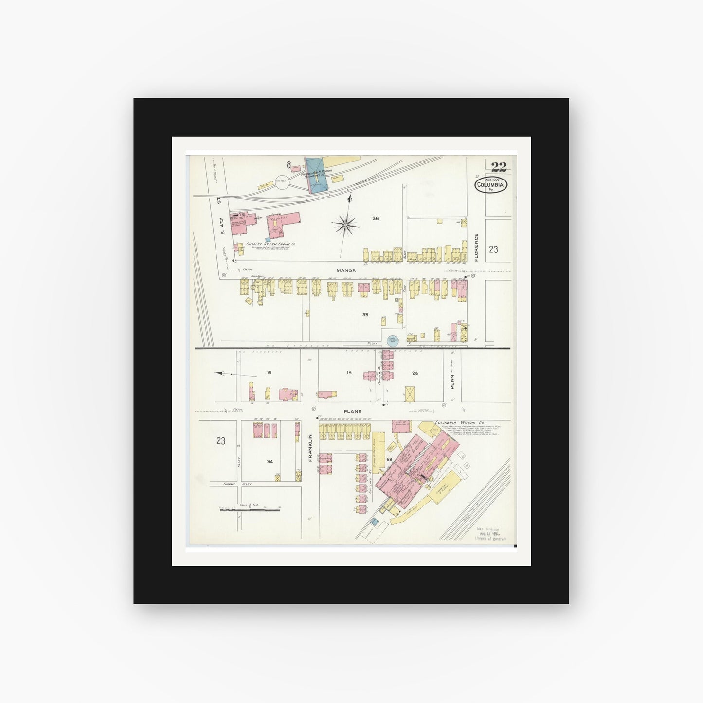 Old map wall art mockup — black gallery frame with white mat — Sanborn Fire Insurance Map from Columbia, Lancaster County, Pennsylvania (1909), Sheet #0022
