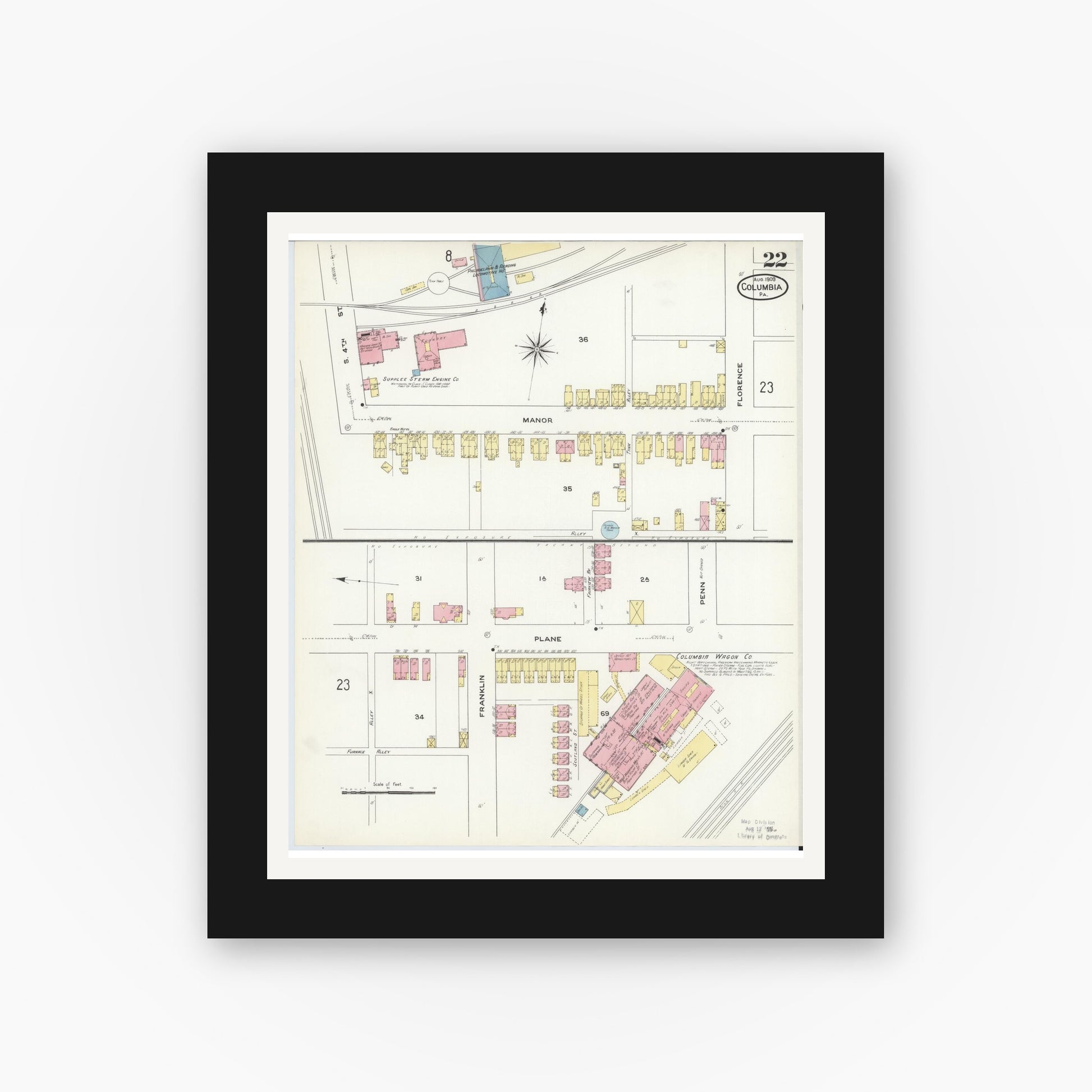Old map wall art mockup — black gallery frame with white mat — Sanborn Fire Insurance Map from Columbia, Lancaster County, Pennsylvania (1909), Sheet #0022
