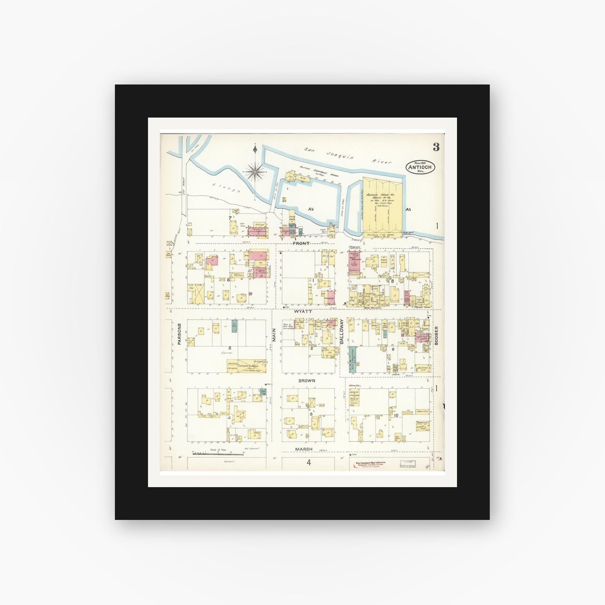 Old map wall art mockup — black gallery frame with white mat — Sanborn Fire Insurance Map from Antioch, Contra Costa County, California (1896), Sheet #0003
