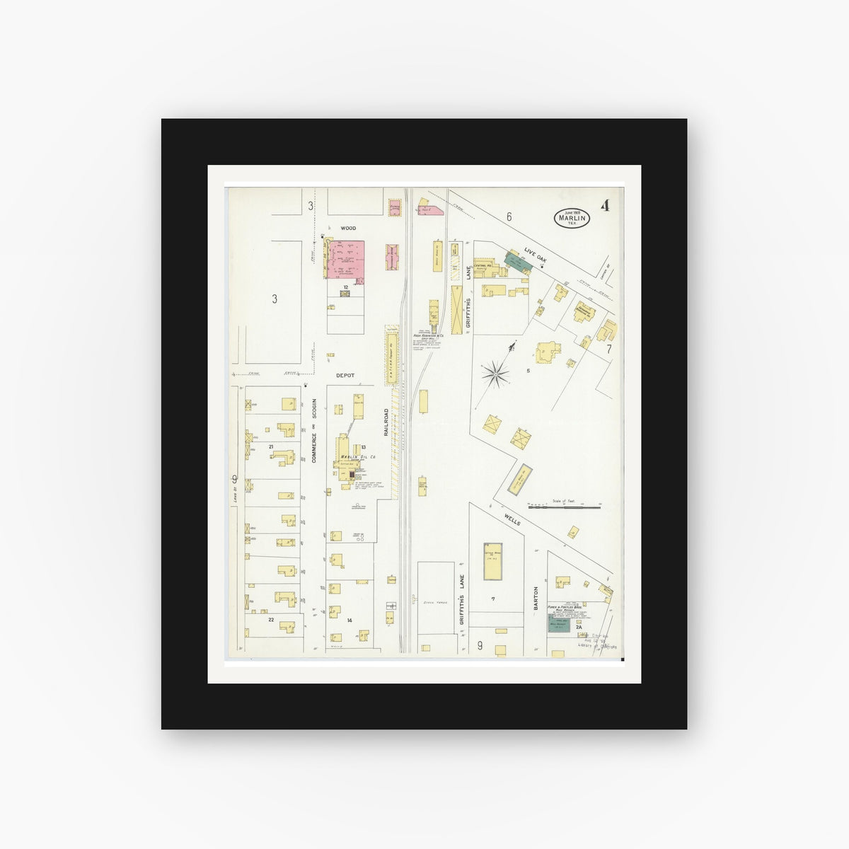 Old map wall art mockup — black gallery frame with white mat — Sanborn Fire Insurance Map from Marlin, Falls County, Texas (1909), Sheet #0004