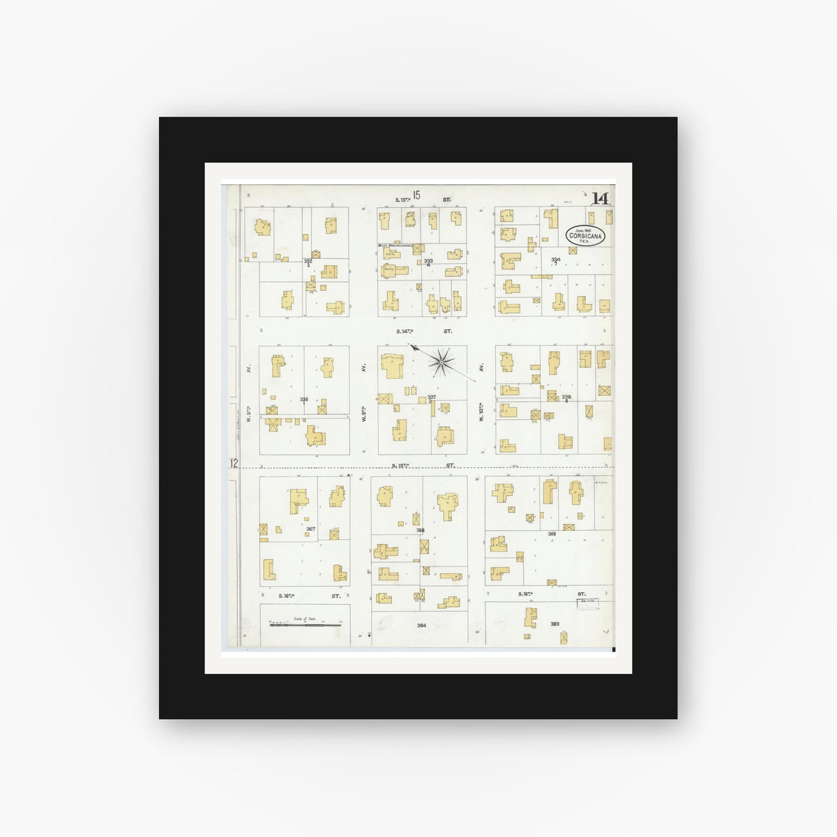 Old map wall art mockup — black gallery frame with white mat — Sanborn Fire Insurance Map from Corsicana, Navarro County, Texas (1905), Sheet #0014