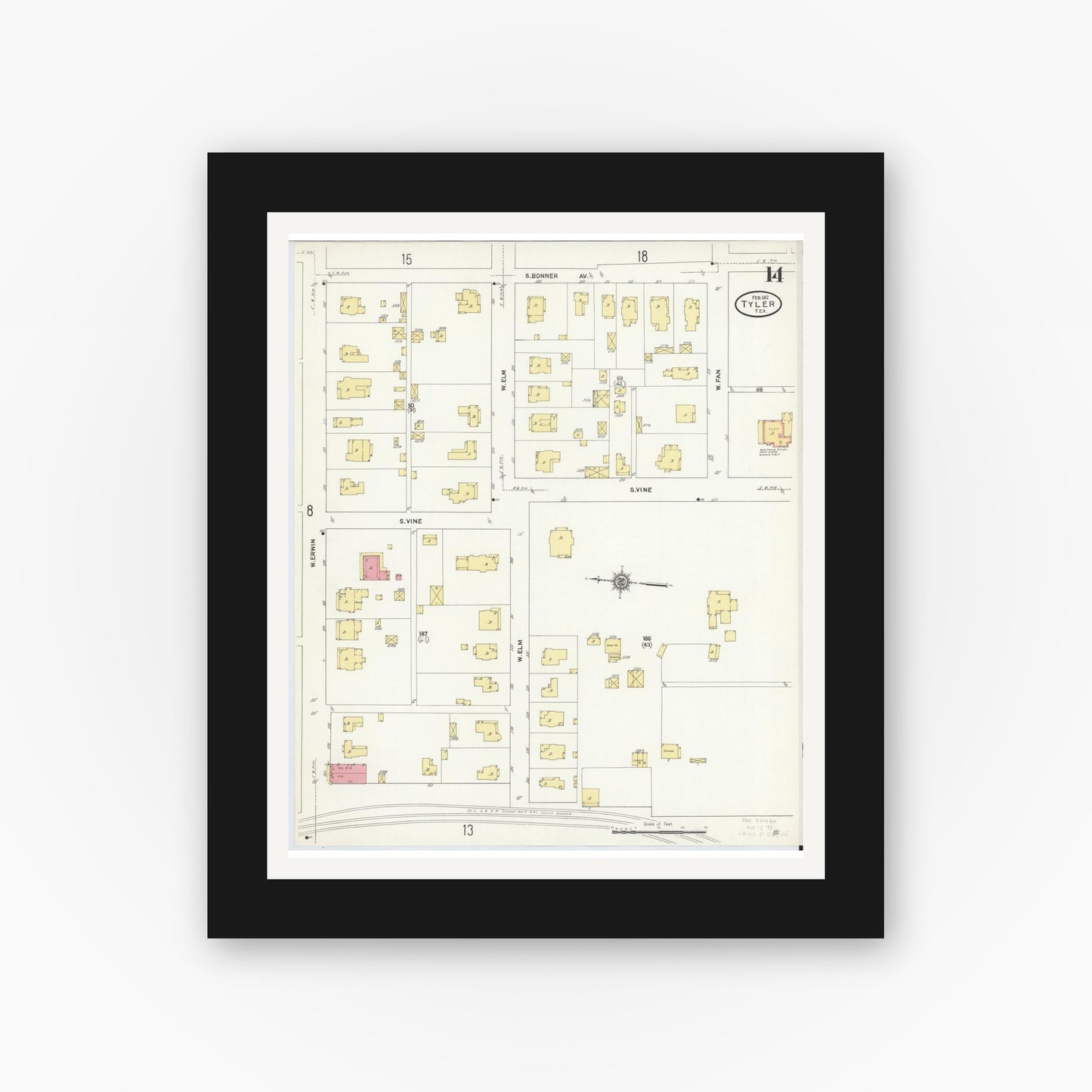 Old map wall art mockup — black gallery frame with white mat — Sanborn Fire Insurance Map from Tyler, Smith County, Texas (1912), Sheet #0014