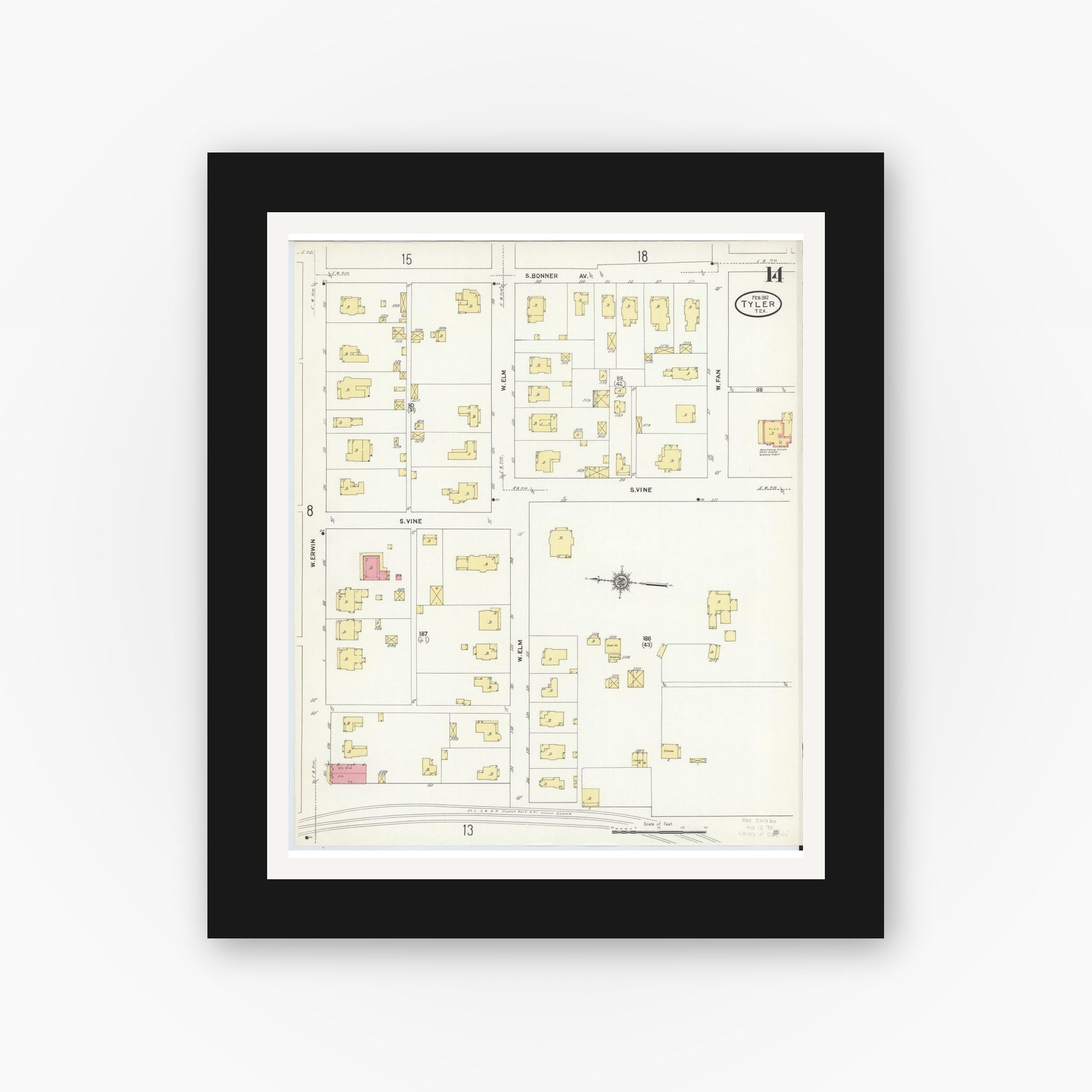 Old map wall art mockup — black gallery frame with white mat — Sanborn Fire Insurance Map from Tyler, Smith County, Texas (1912), Sheet #0014