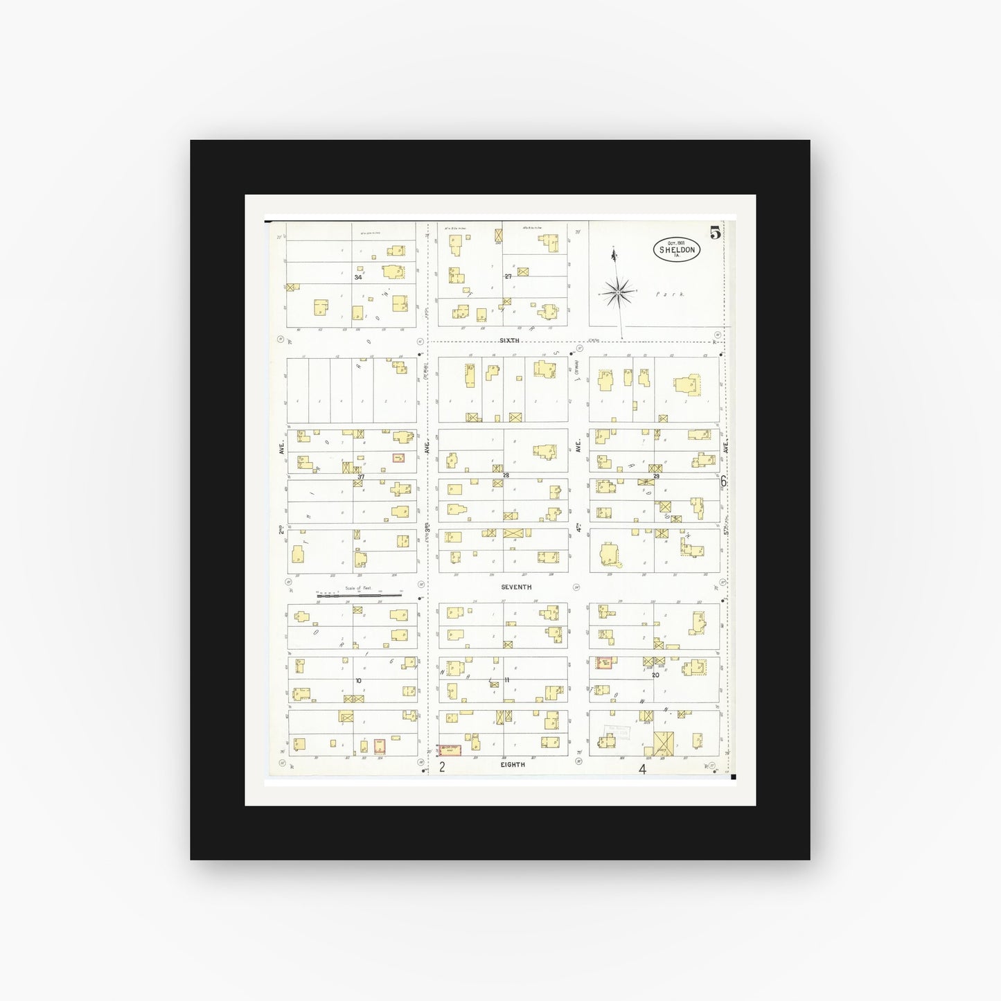 Old map wall art mockup — black gallery frame with white mat — Sanborn Fire Insurance Map from Sheldon, O'Brien County, Iowa (1901), Sheet #0005