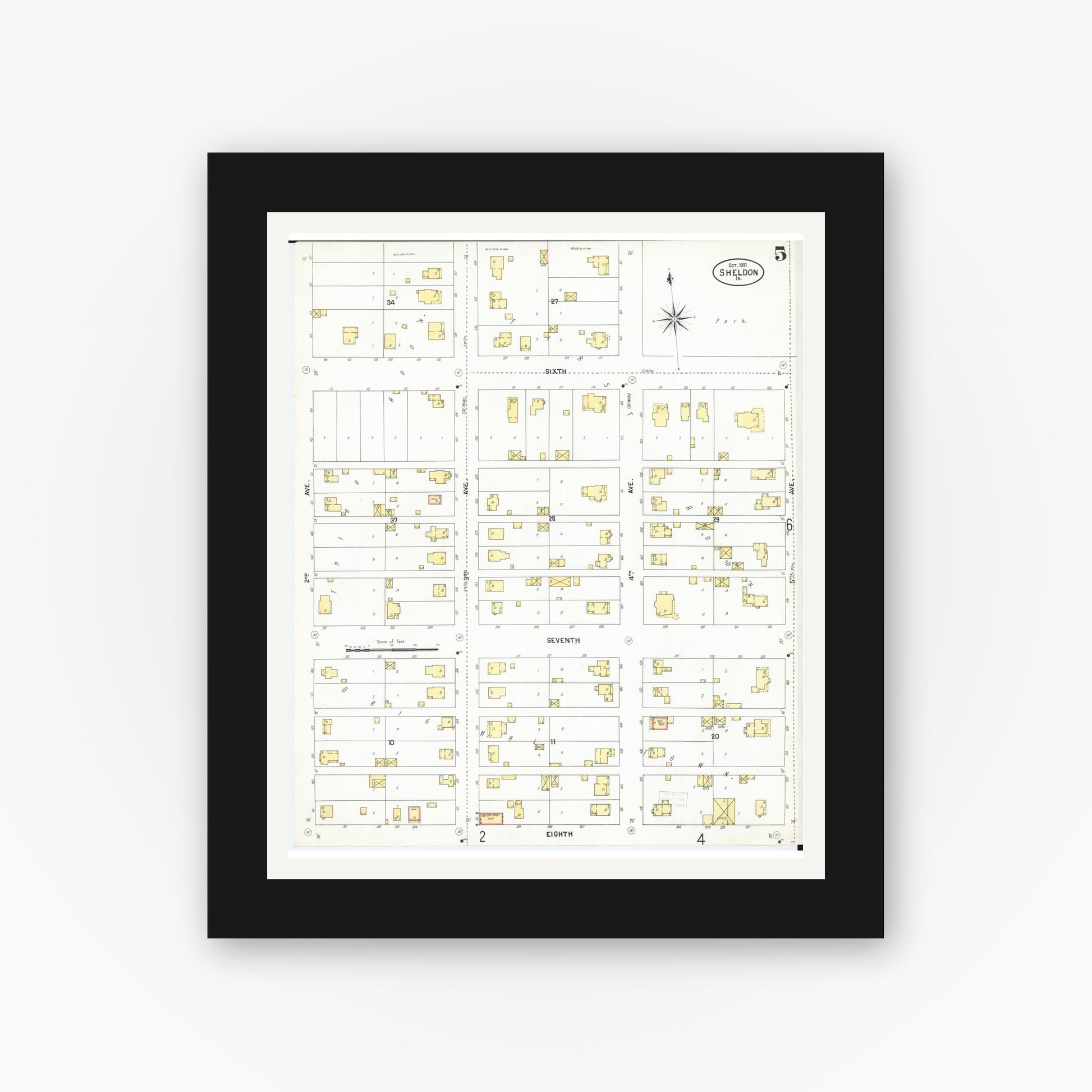 Old map wall art mockup — black gallery frame with white mat — Sanborn Fire Insurance Map from Sheldon, O'Brien County, Iowa (1901), Sheet #0005