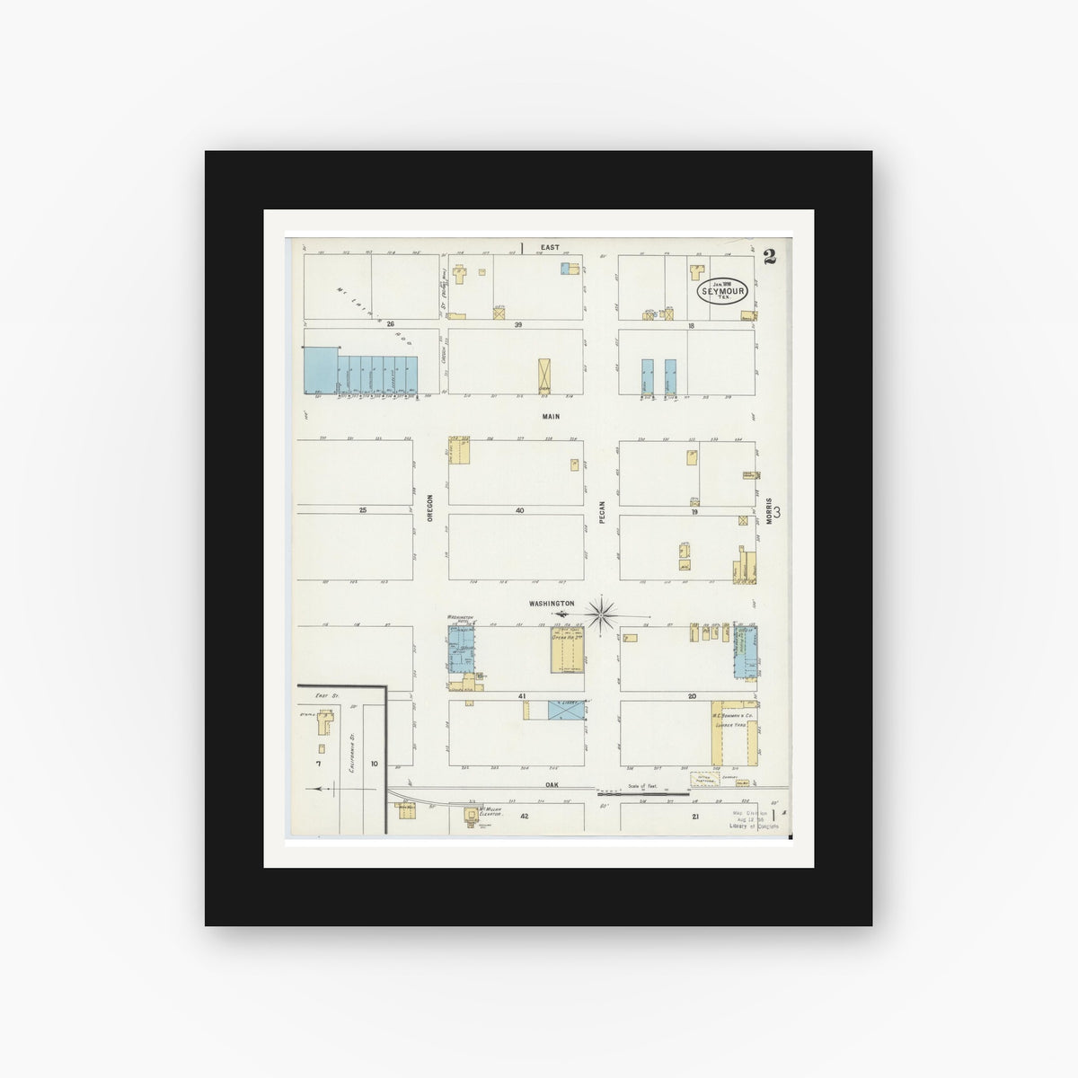 Old map wall art mockup — black gallery frame with white mat — Sanborn Fire Insurance Map from Seymour, Baylor County, Texas (1898), Sheet #0002
