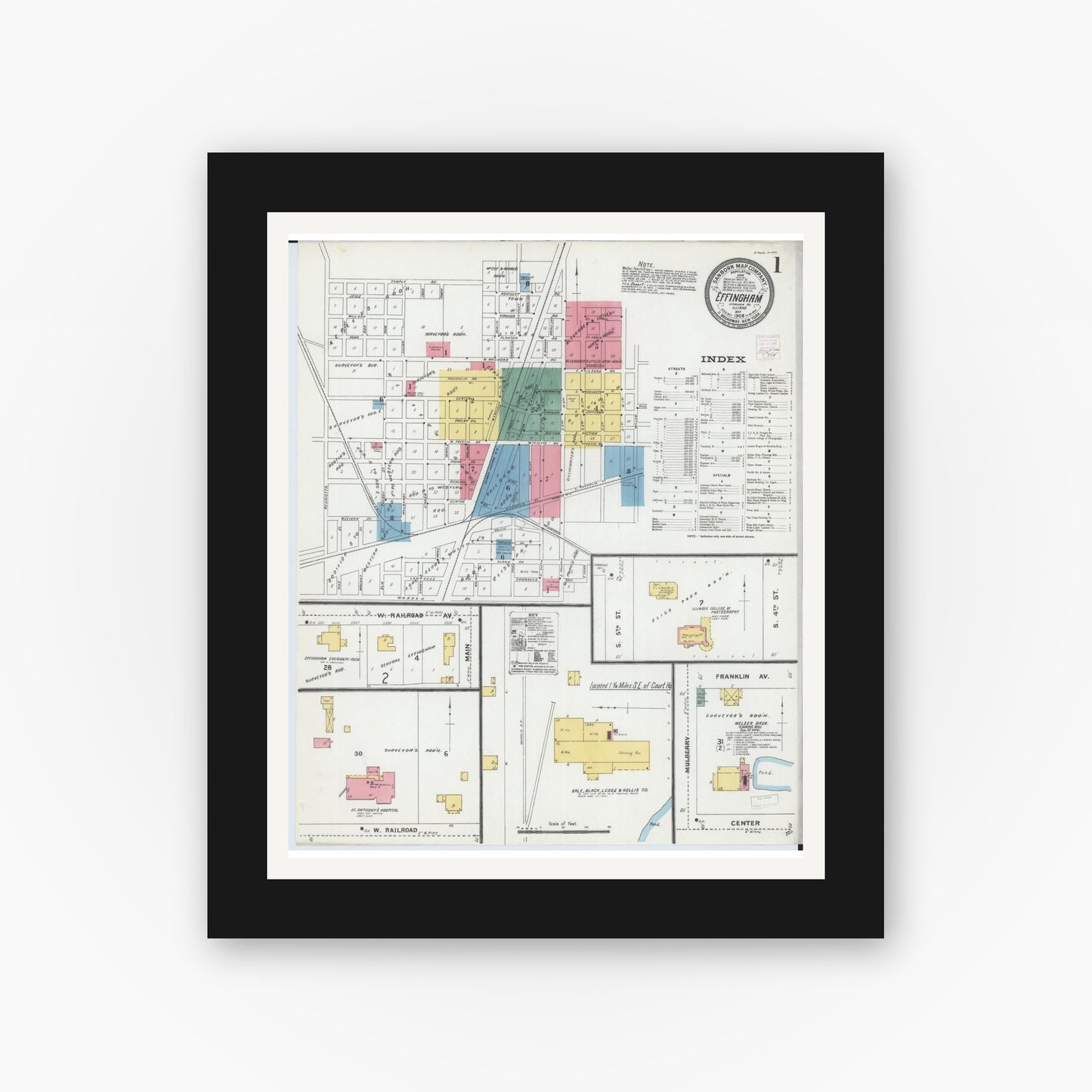 Old map wall art mockup — black gallery frame with white mat — Sanborn Fire Insurance Map from Effingham, Effingham County, Illinois (1906), Sheet #0001