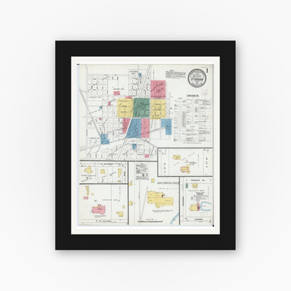 Old map wall art mockup — black gallery frame with white mat — Sanborn Fire Insurance Map from Effingham, Effingham County, Illinois (1906), Sheet #0001