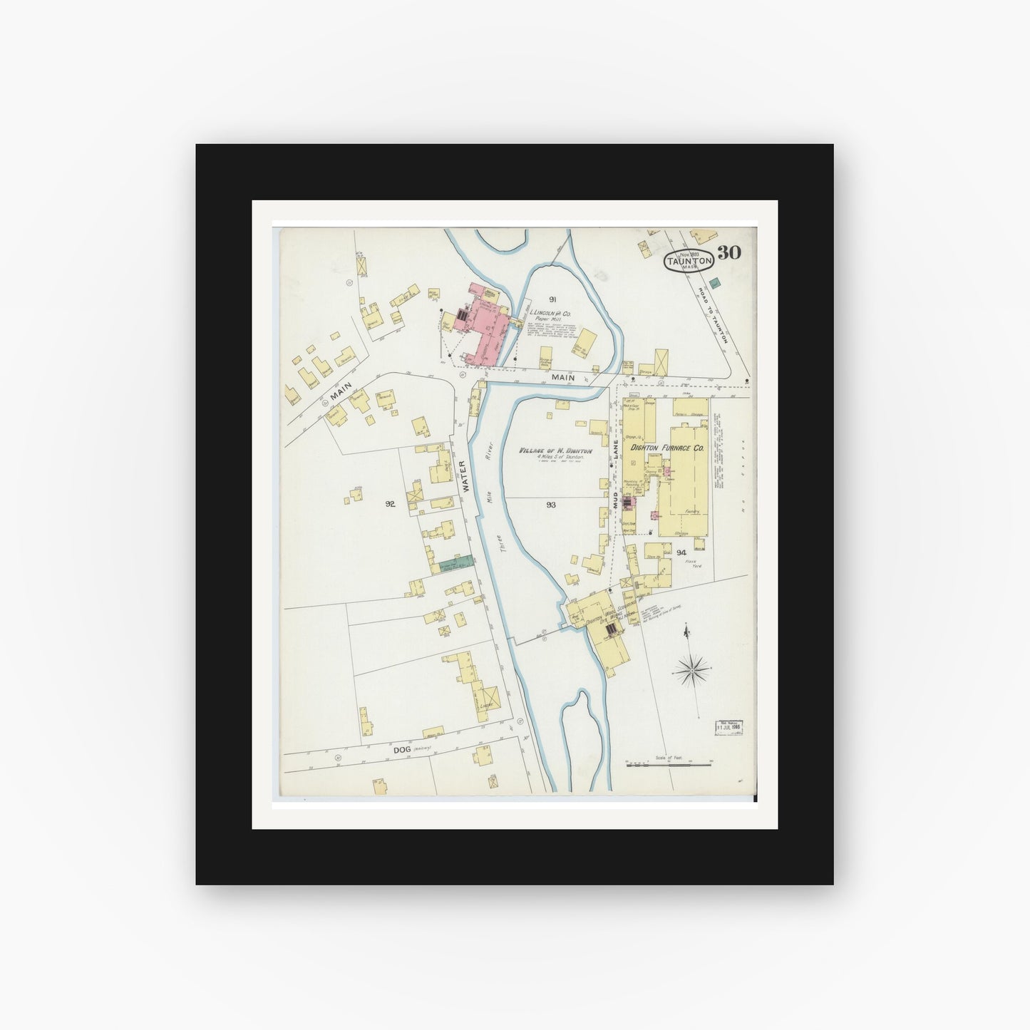 Old map wall art mockup — black gallery frame with white mat — Sanborn Fire Insurance Map from Taunton, Bristol County, Massachusetts (1893), Sheet #0030