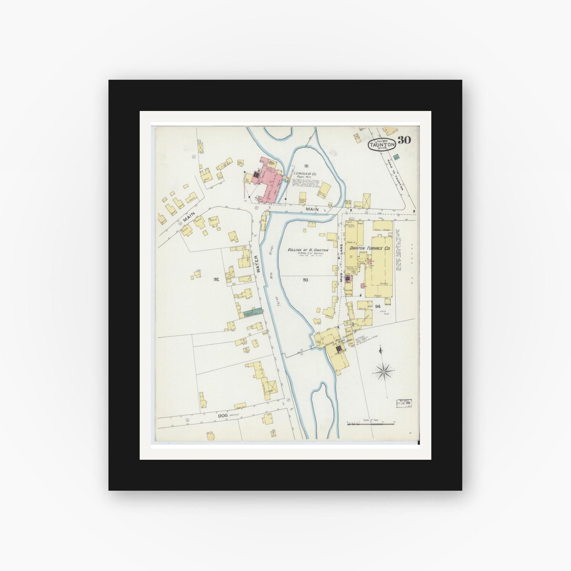 Old map wall art mockup — black gallery frame with white mat — Sanborn Fire Insurance Map from Taunton, Bristol County, Massachusetts (1893), Sheet #0030