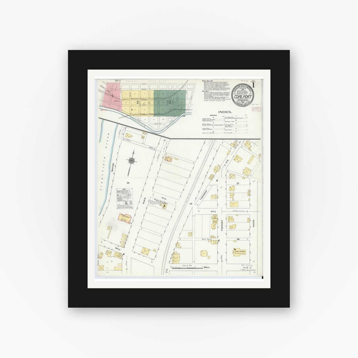 Old map wall art mockup — black gallery frame with white mat — Sanborn Fire Insurance Map from Coalport, Clearfield County, Pennsylvania (1910) - Complete Map Set