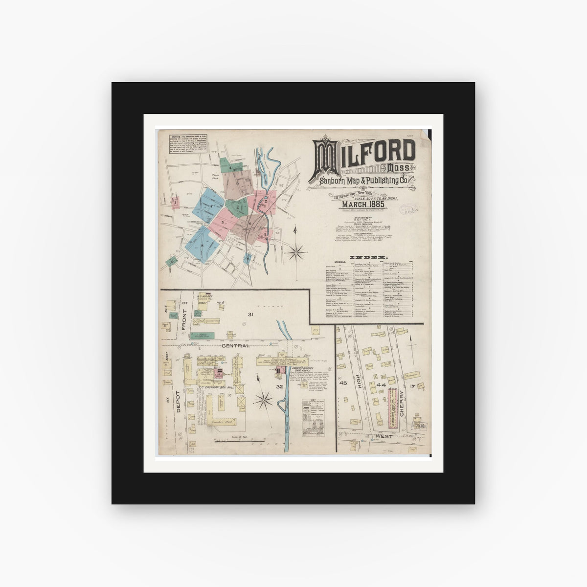Old map wall art mockup — black gallery frame with white mat — Sanborn Fire Insurance Map from Milford, Worcester County, Massachusetts (1885) - Complete Map Set