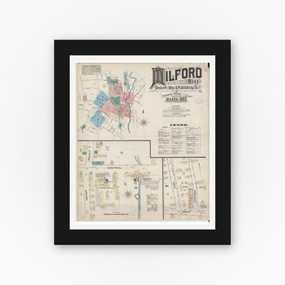 Old map wall art mockup — black gallery frame with white mat — Sanborn Fire Insurance Map from Milford, Worcester County, Massachusetts (1885) - Complete Map Set