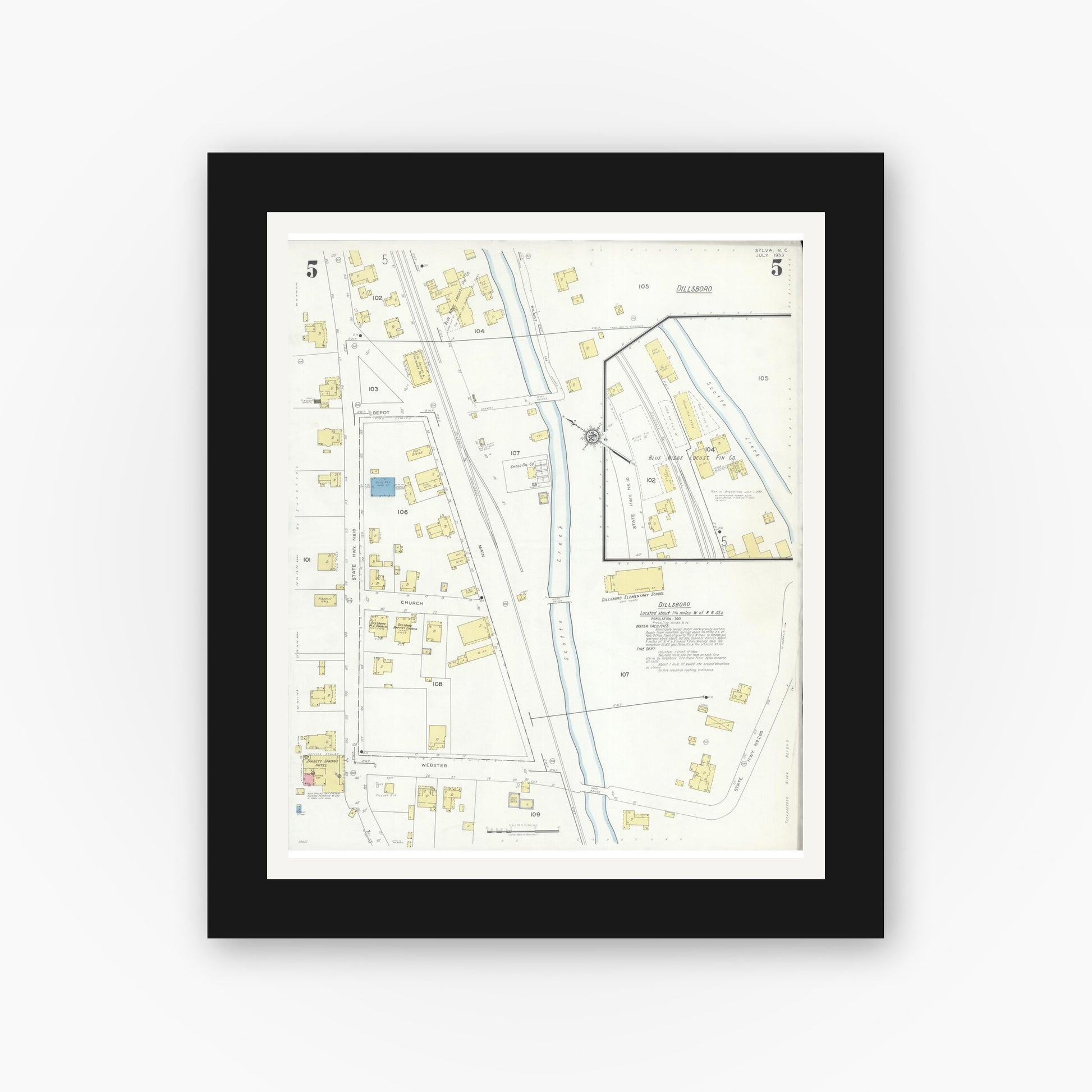 Old map wall art mockup — black gallery frame with white mat — Sanborn Fire Insurance Map from Sylva, Jackson County, North Carolina (1933), Sheet #0005