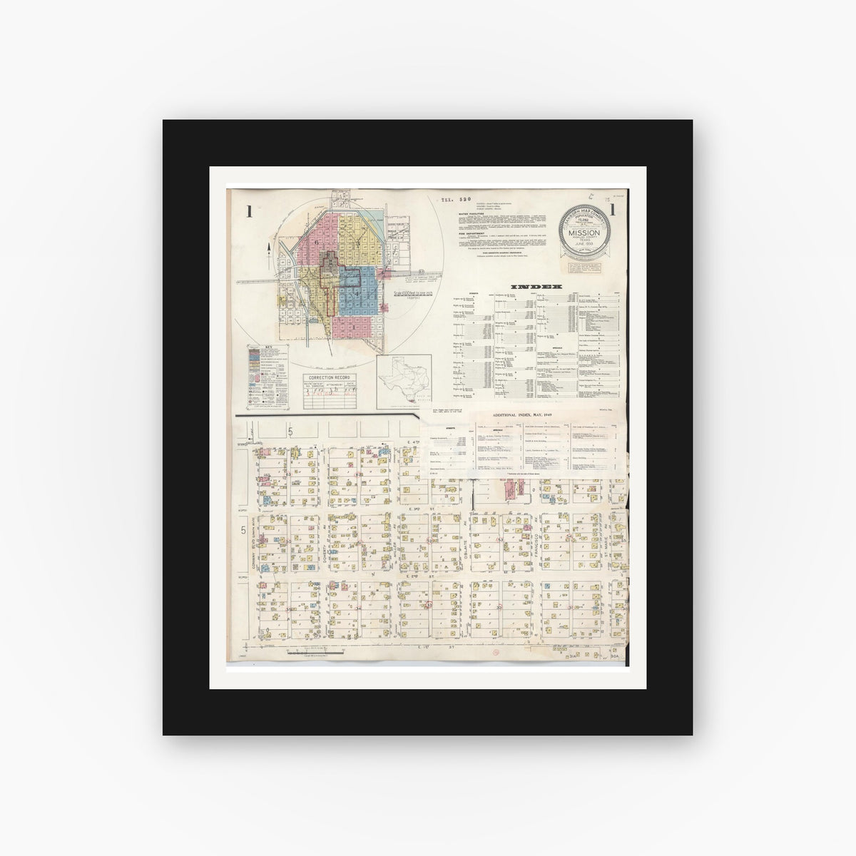 Old map wall art mockup — black gallery frame with white mat — Sanborn Fire Insurance Map from Mission, Hidalgo County, Texas (1949) - Complete Map Set