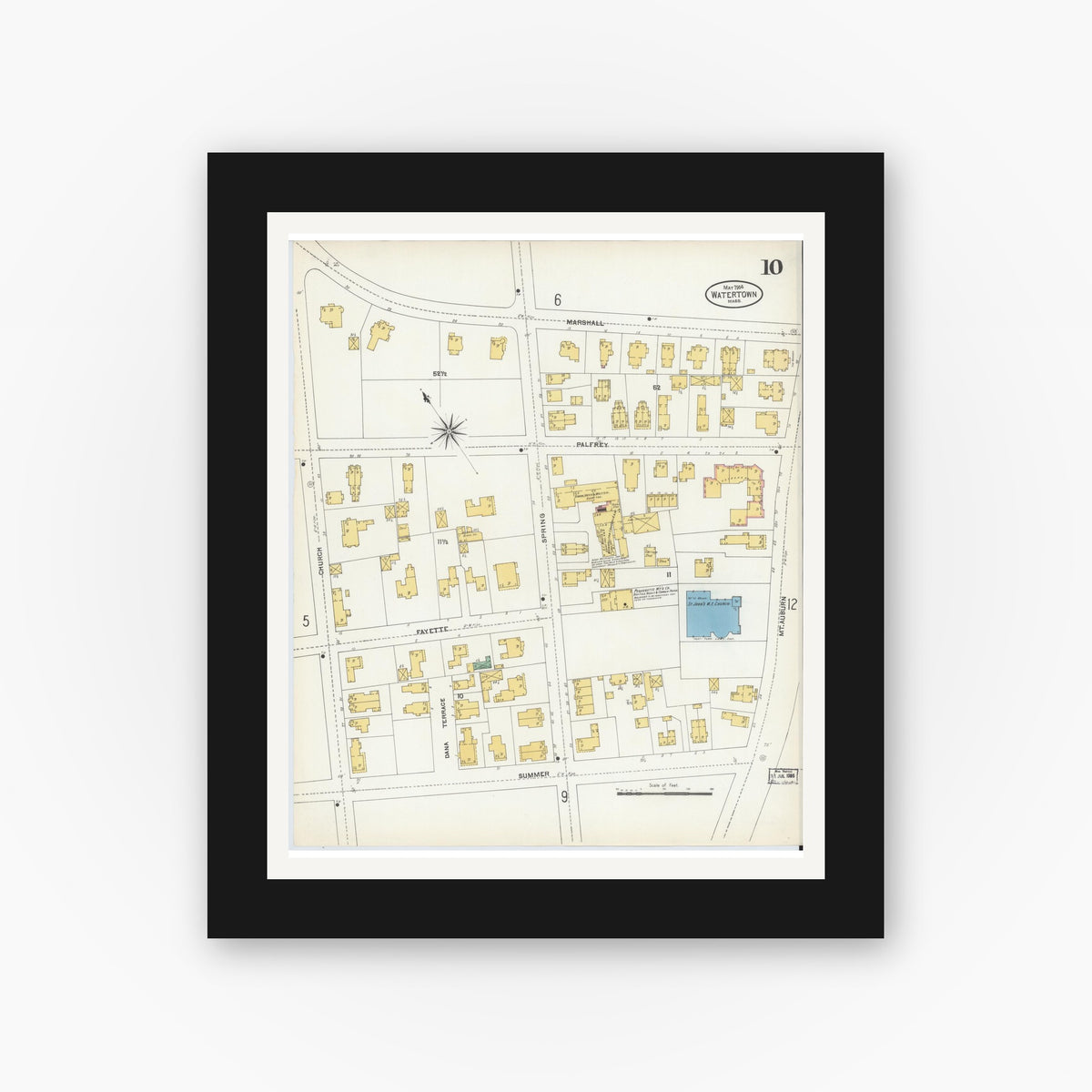 Old map wall art mockup — black gallery frame with white mat — Sanborn Fire Insurance Map from Watertown, Middlesex County, Massachusetts (1904), Sheet #0010