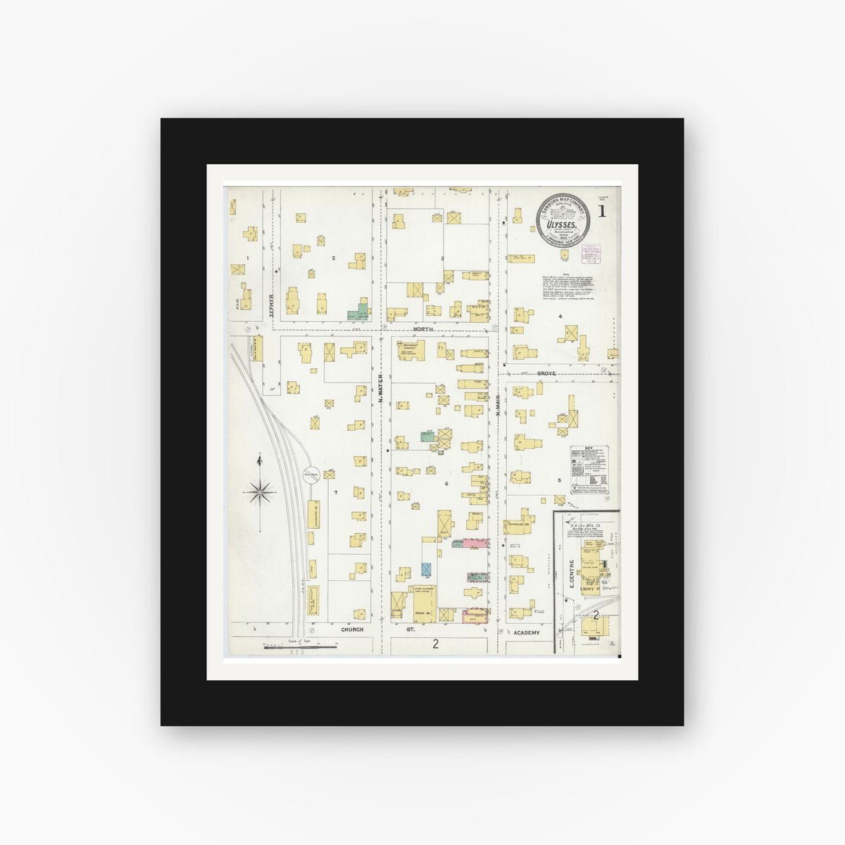 Old map wall art mockup — black gallery frame with white mat — Sanborn Fire Insurance Map from Ulysses, Potter County, Pennsylvania (1905), Sheet #0001