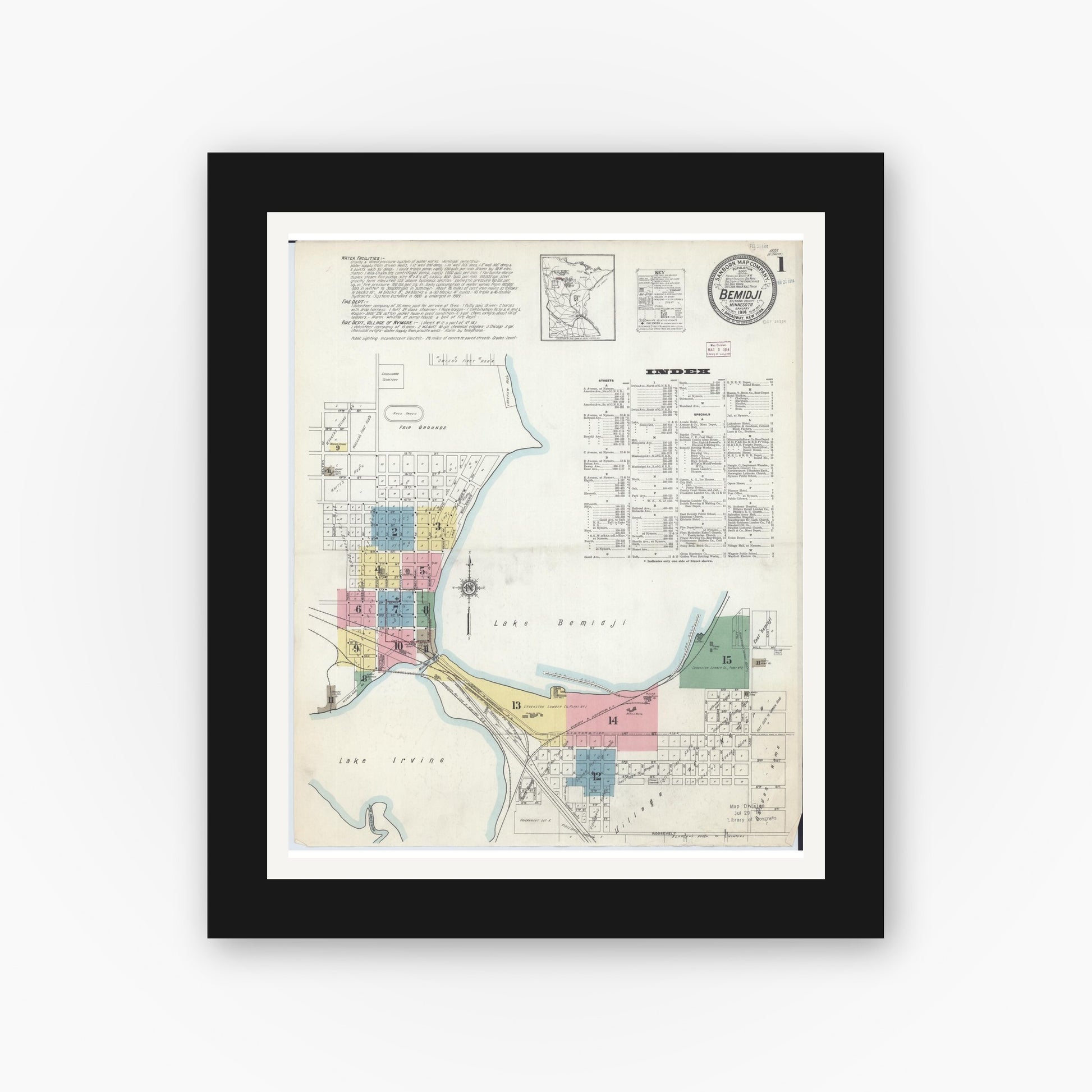 Old map wall art mockup — black gallery frame with white mat — Sanborn Fire Insurance Map from Bemidji, Beltrami County, Minnesota (1914), Sheet #0001