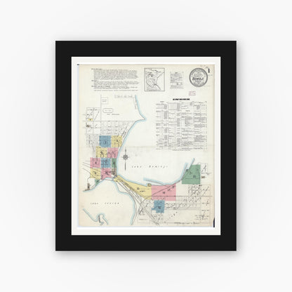 Old map wall art mockup — black gallery frame with white mat — Sanborn Fire Insurance Map from Bemidji, Beltrami County, Minnesota (1914), Sheet #0001