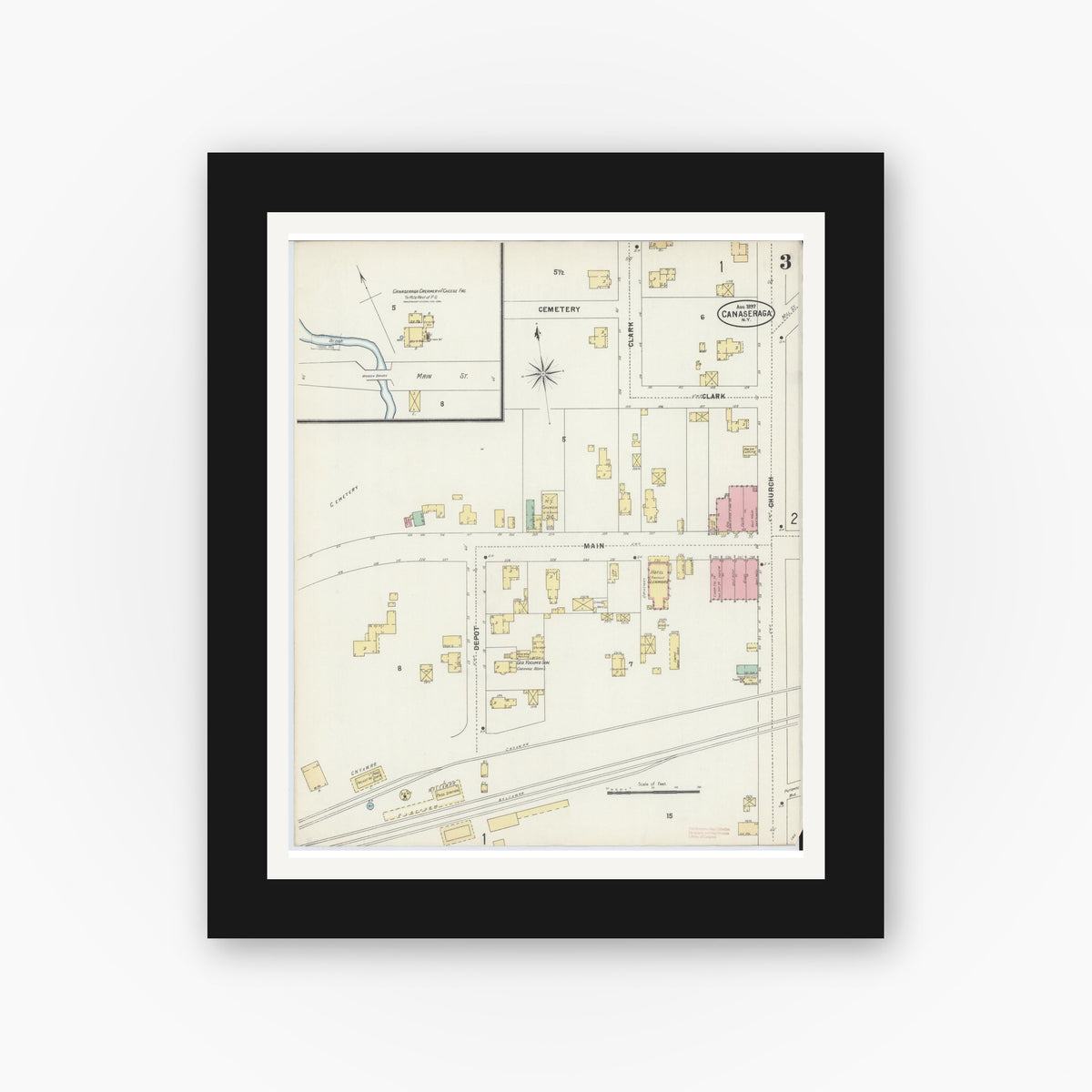 Old map wall art mockup — black gallery frame with white mat — Sanborn Fire Insurance Map from Canaseraga, Allegany County, New York (1897), Sheet #0003