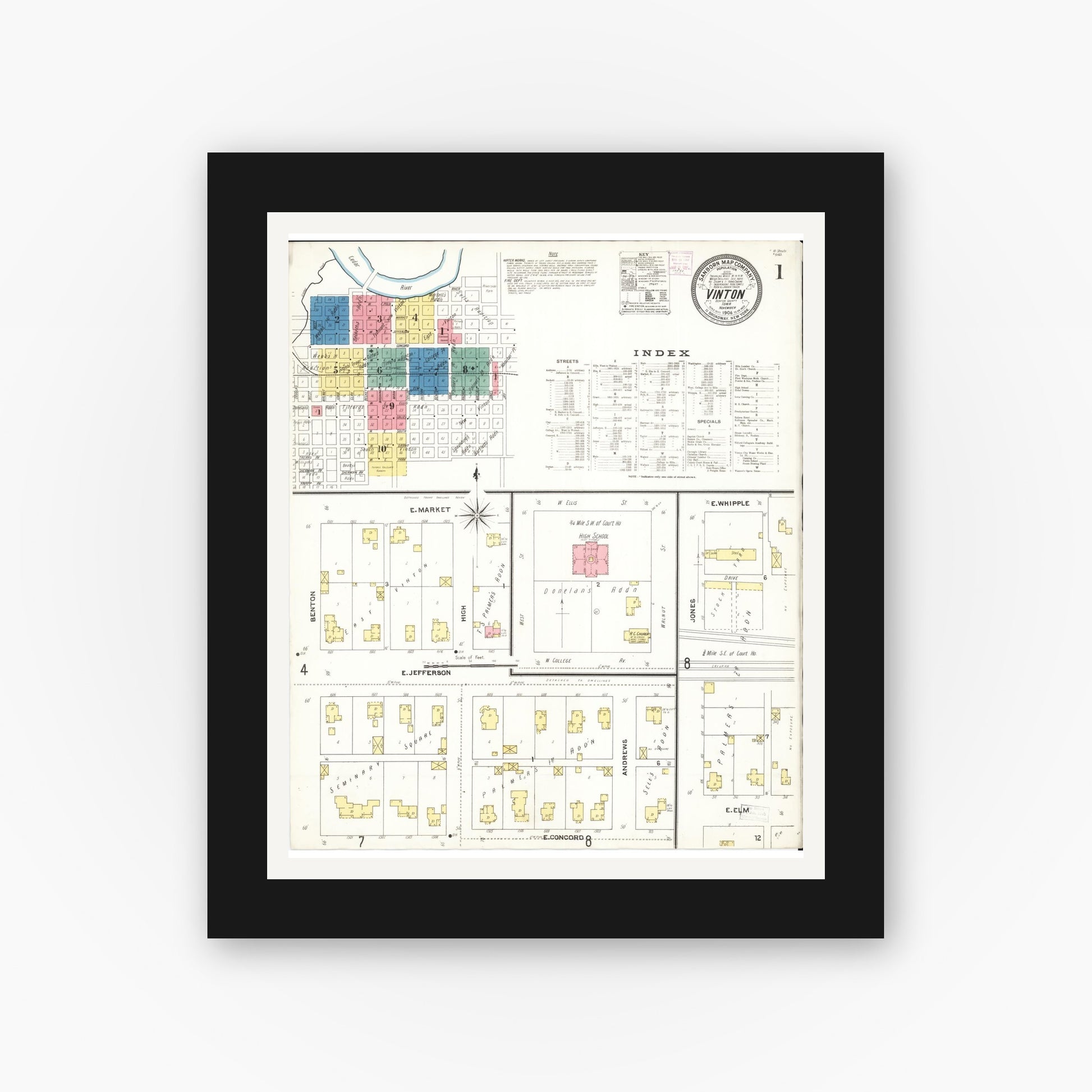 Old map wall art mockup — black gallery frame with white mat — Sanborn Fire Insurance Map from Vinton, Benton County, Iowa (1906), Sheet #0001