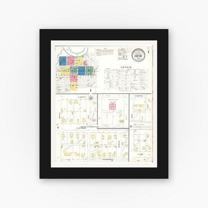 Old map wall art mockup — black gallery frame with white mat — Sanborn Fire Insurance Map from Vinton, Benton County, Iowa (1906), Sheet #0001