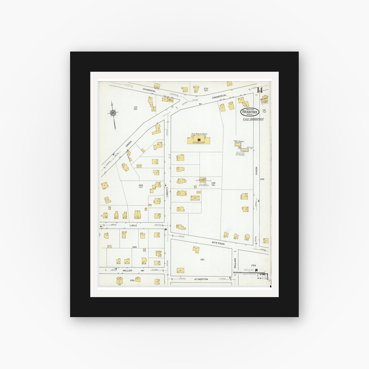Old map wall art mockup — black gallery frame with white mat — Sanborn Fire Insurance Map from Braintree, Norfolk County, Massachusetts (1919), Sheet #0014