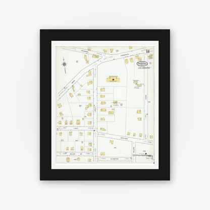 Old map wall art mockup — black gallery frame with white mat — Sanborn Fire Insurance Map from Braintree, Norfolk County, Massachusetts (1919), Sheet #0014