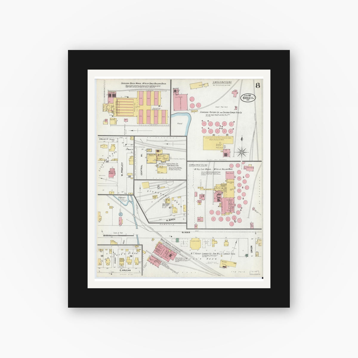 Old map wall art mockup — black gallery frame with white mat — Sanborn Fire Insurance Map from Brazil, Clay County, Indiana (1902), Sheet #0008