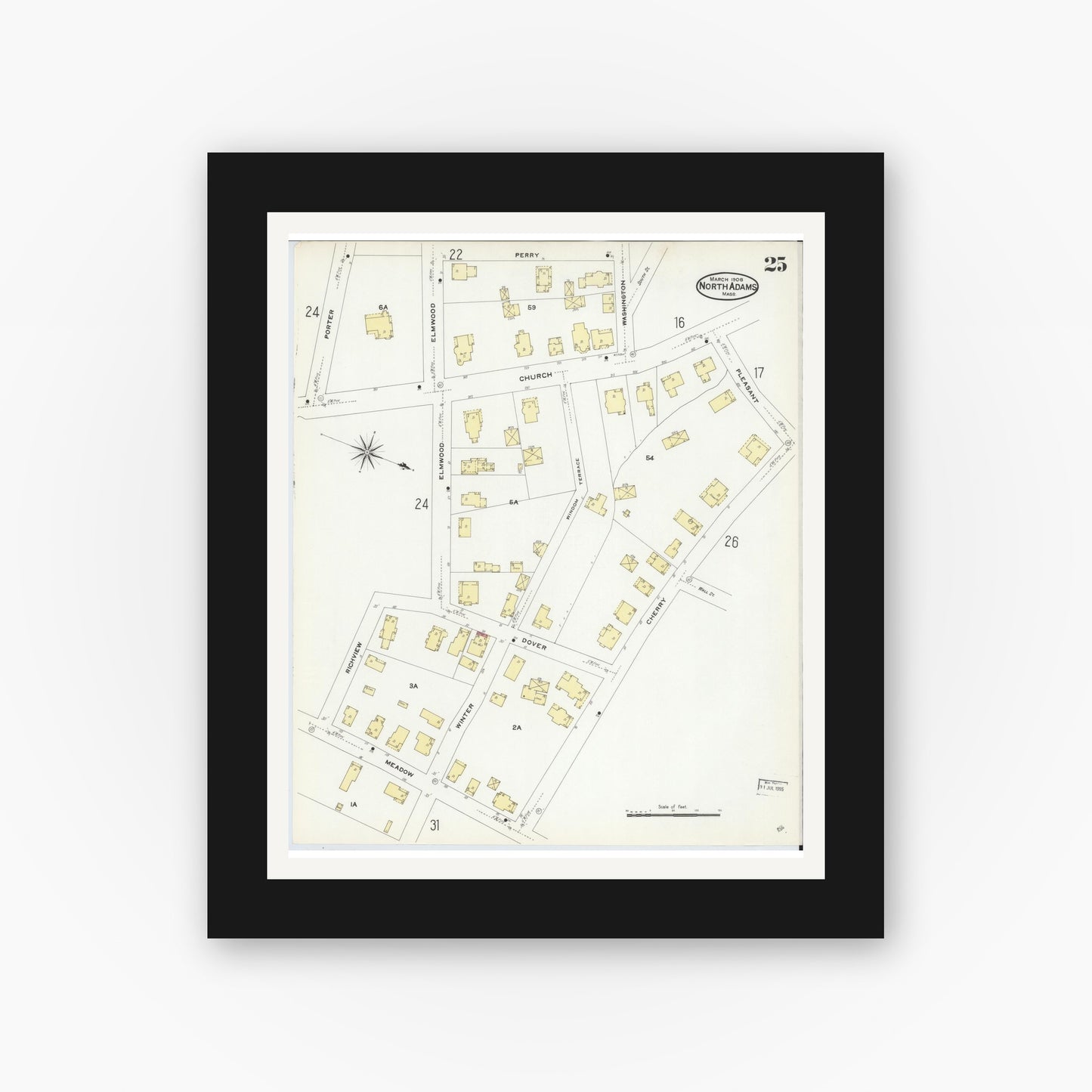 Old map wall art mockup — black gallery frame with white mat — Sanborn Fire Insurance Map from North Adams, Berkshire County, Massachusetts (1908), Sheet #0025