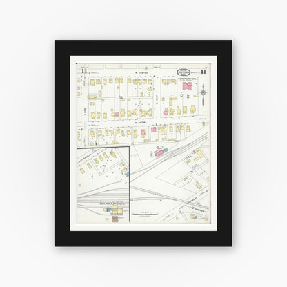 Old map wall art mockup — black gallery frame with white mat — Sanborn Fire Insurance Map from Fostoria, Seneca, Hancock, And Wood Counties, Ohio (1924), Sheet #0011