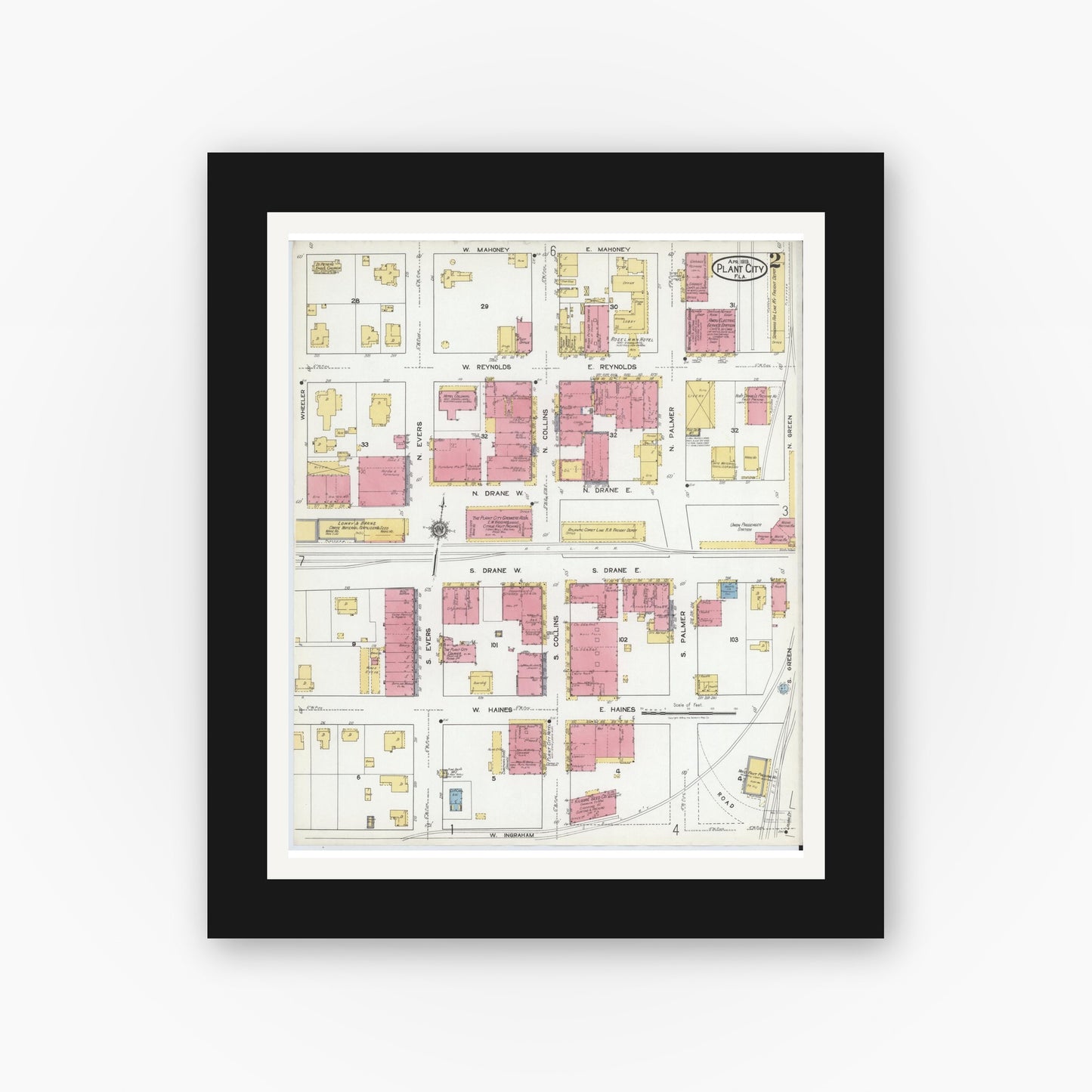 Old map wall art mockup — black gallery frame with white mat — Sanborn Fire Insurance Map from Plant City, Hillborough County, Florida (1919), Sheet #0002